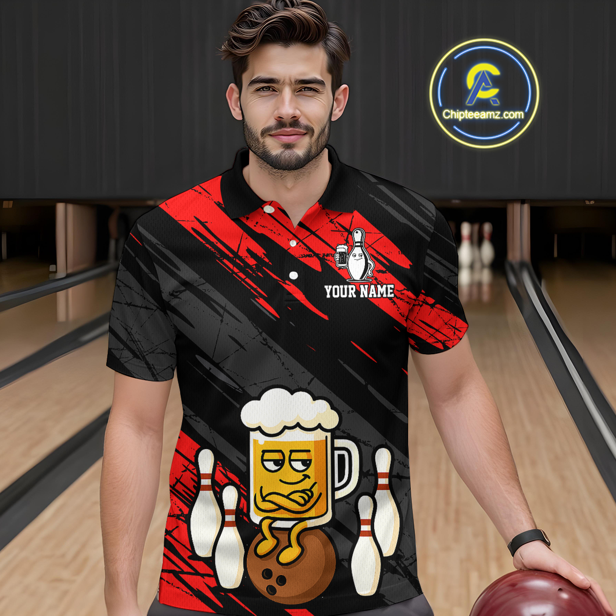 Custom Red Funny Beer Bowling Jersey Bowling Uniform Polo & 1/4 Zip Bowling Team Shirts