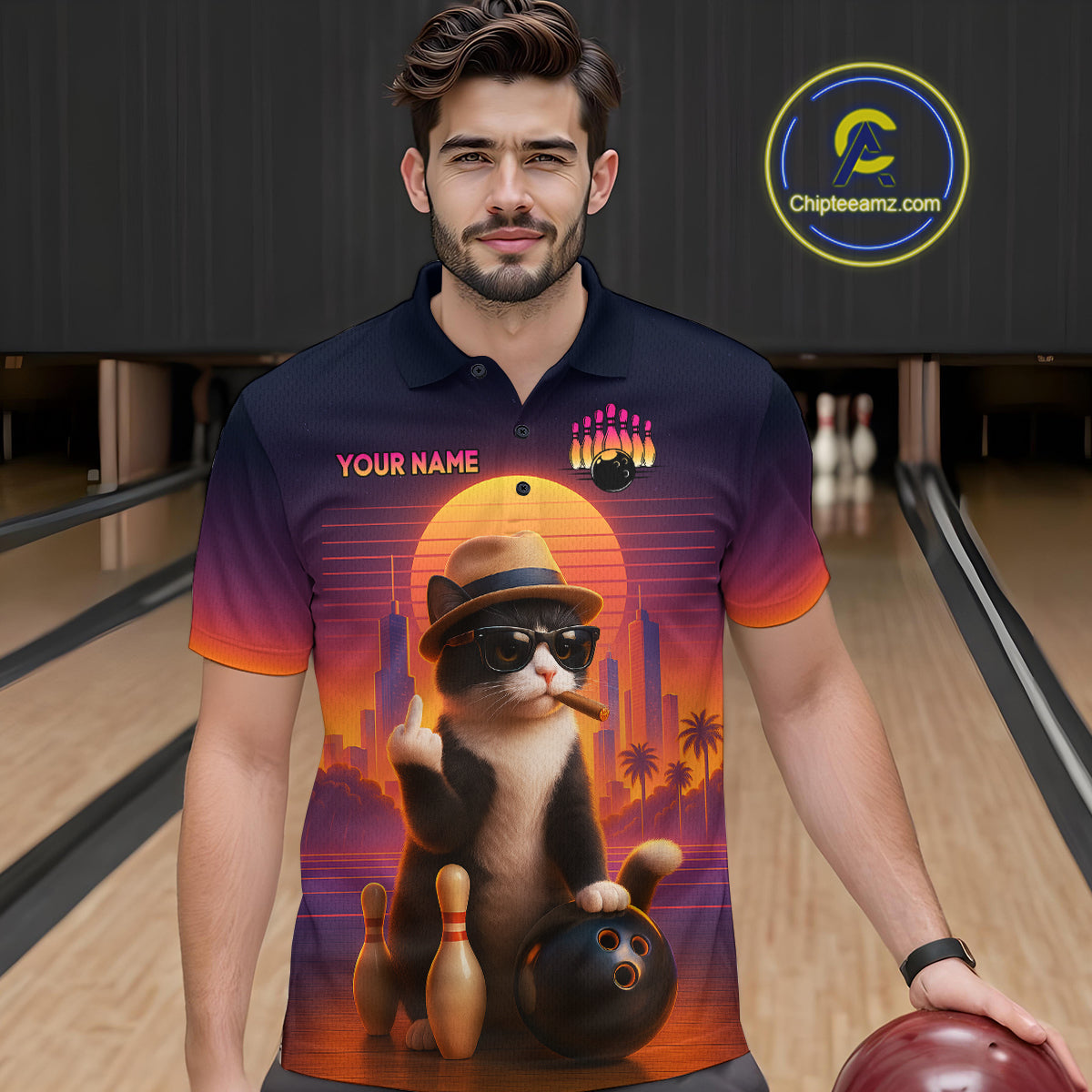 Funny Cat Retro Sunset Custom Bowling Jersey Bowling Team Shirts Polo & 1/4 Zip