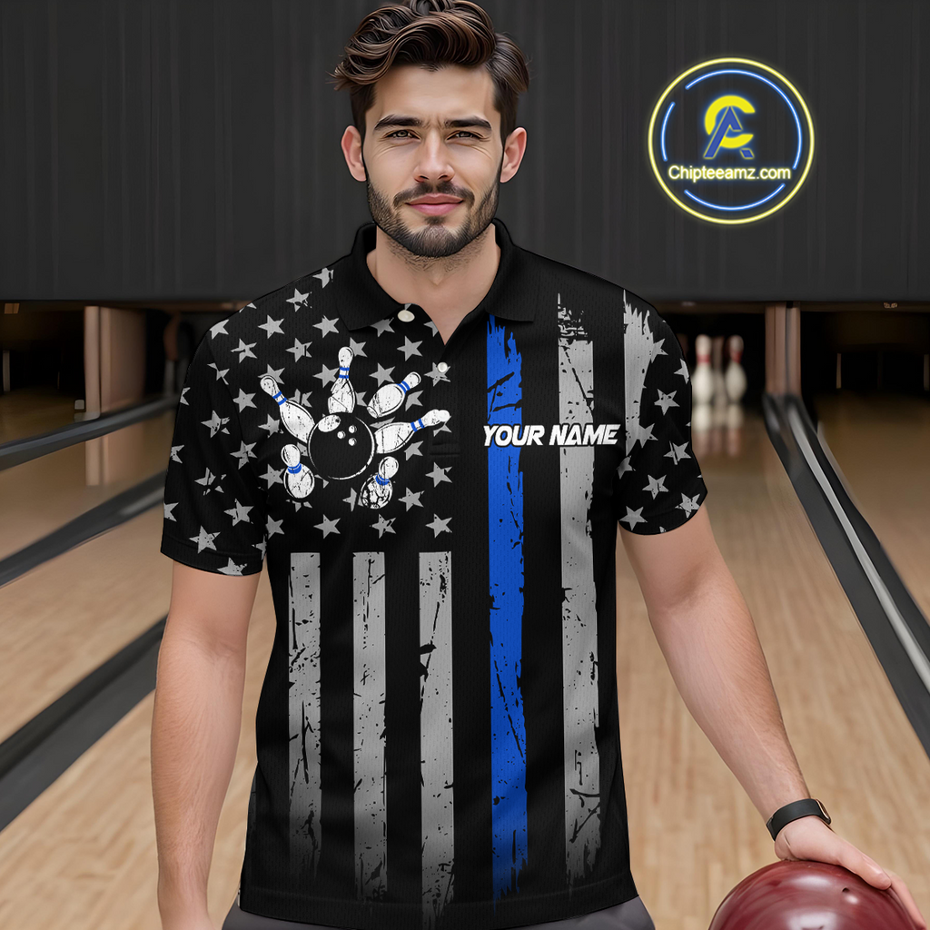 Custom Blue US Flag Eagle Bowling Jersey Bowling Team Shirts Polo & 1/4 Zip