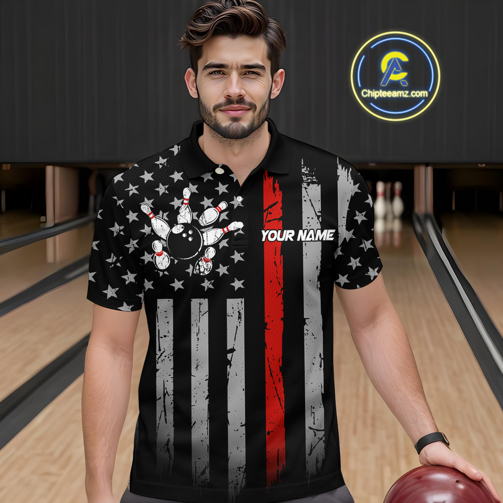 Custom Red US Flag Eagle Bowling Jersey Bowling Team Shirts Polo & 1/4 Zip