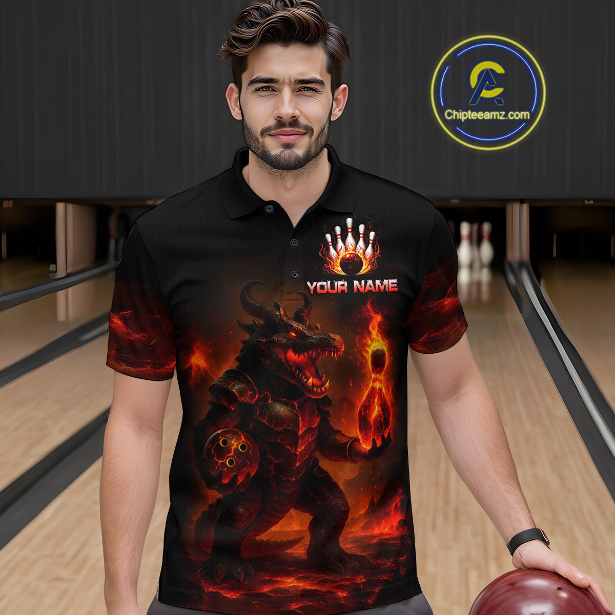 Personalized Red Flame Crocodile Bowling Team Shirt Polo & Quarter-Zip Bowling Outfit