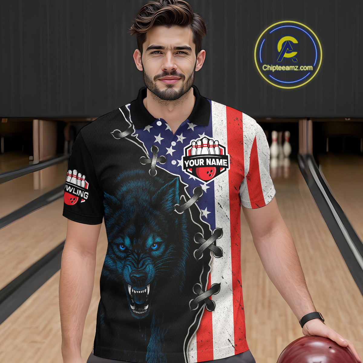 Patriotic Wolf Bowling Shirts for Team Wolf Bowling Jerseys American Flag