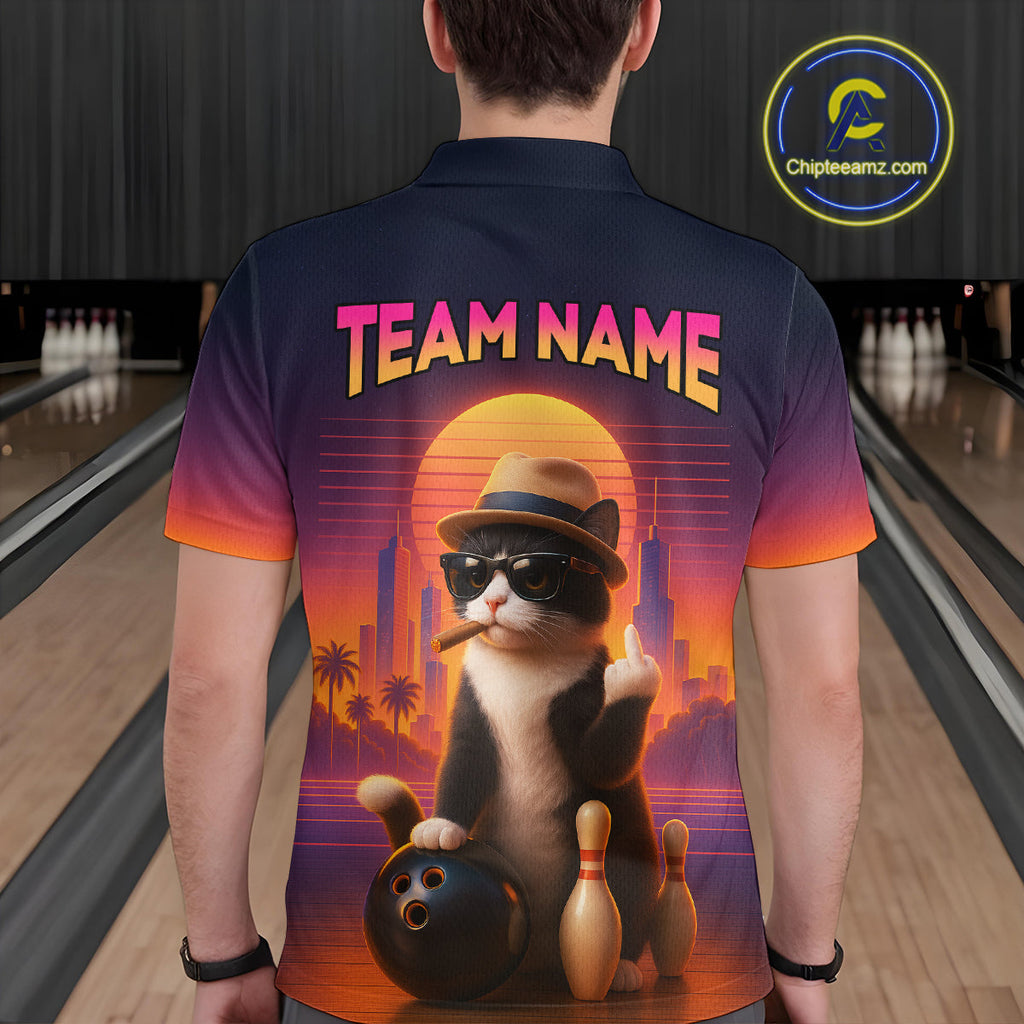 Funny Cat Retro Sunset Custom Bowling Jersey Bowling Team Shirts Polo & 1/4 Zip