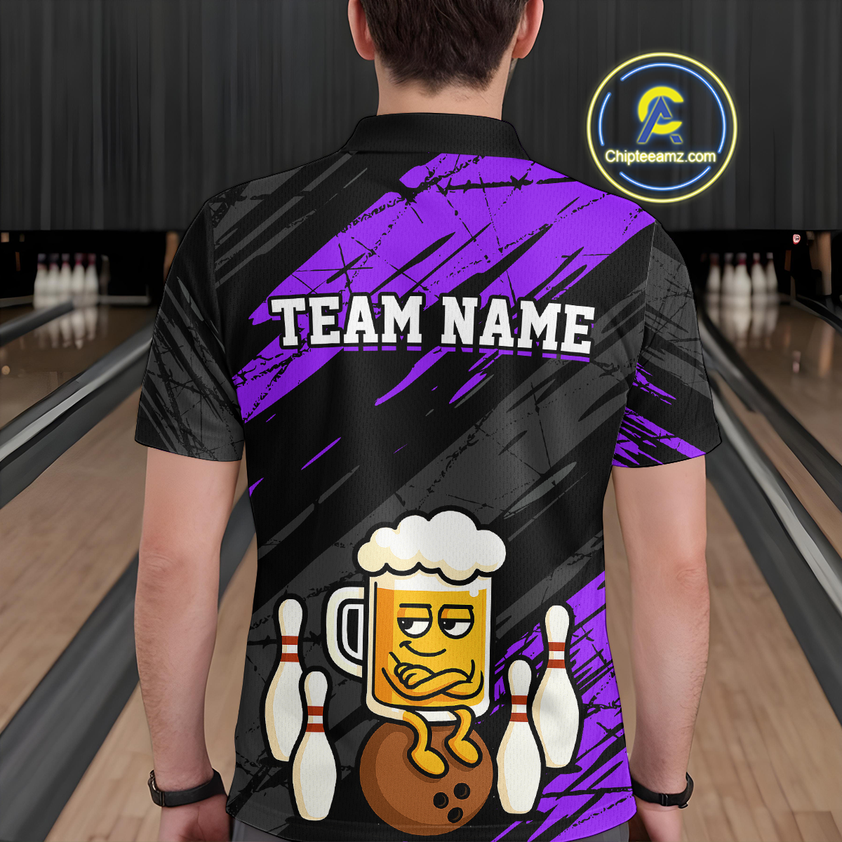 Custom Purple Funny Beer Bowling Jersey Bowling Uniform Polo & 1/4 Zip Bowling Team Shirts