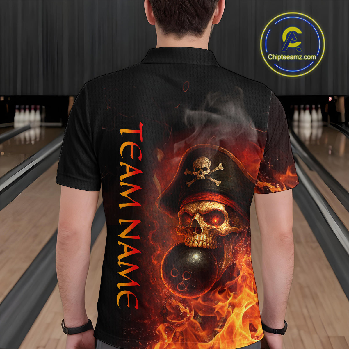 Orange Flame Pirate Skull Bowling Team Shirt Bowling League Jersey Polo Bowling Outfit