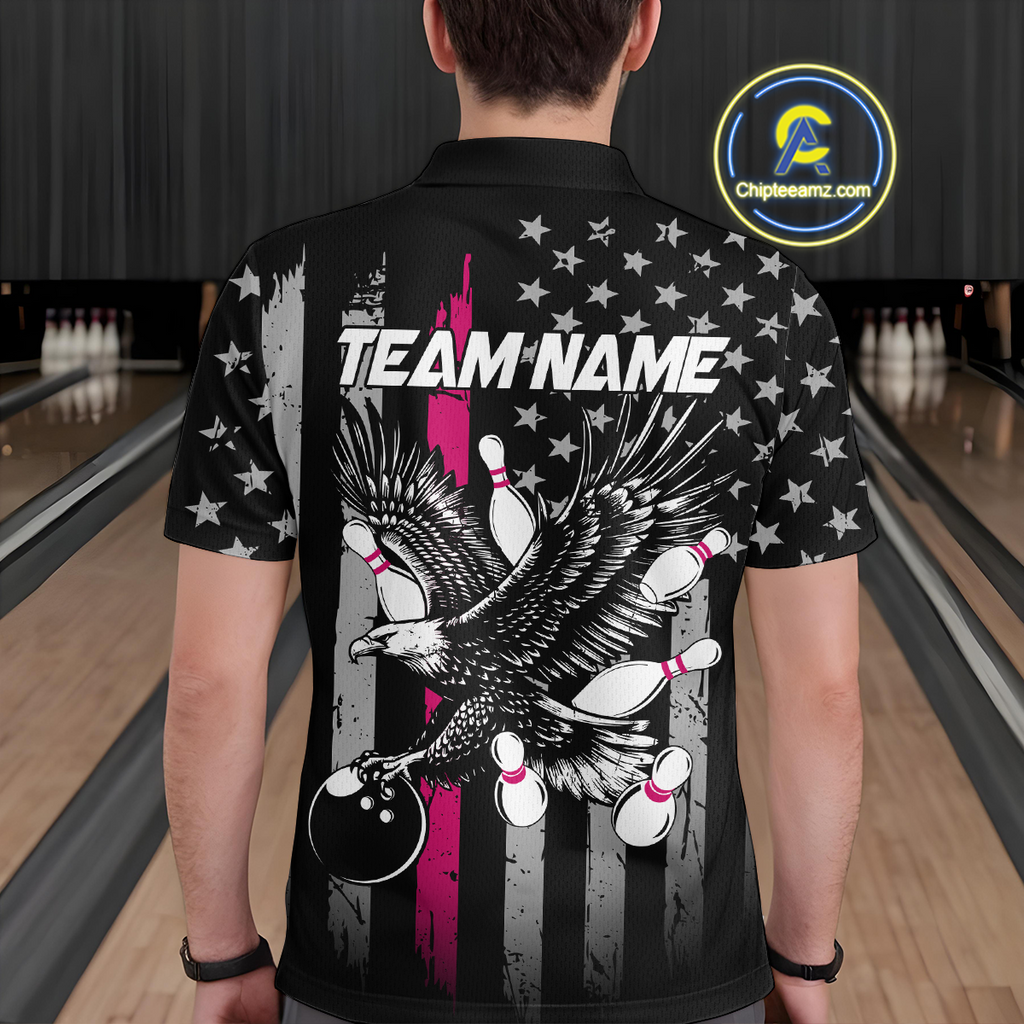 Custom Pink US Flag Eagle Bowling Jersey Bowling Team Shirts Polo & 1/4 Zip