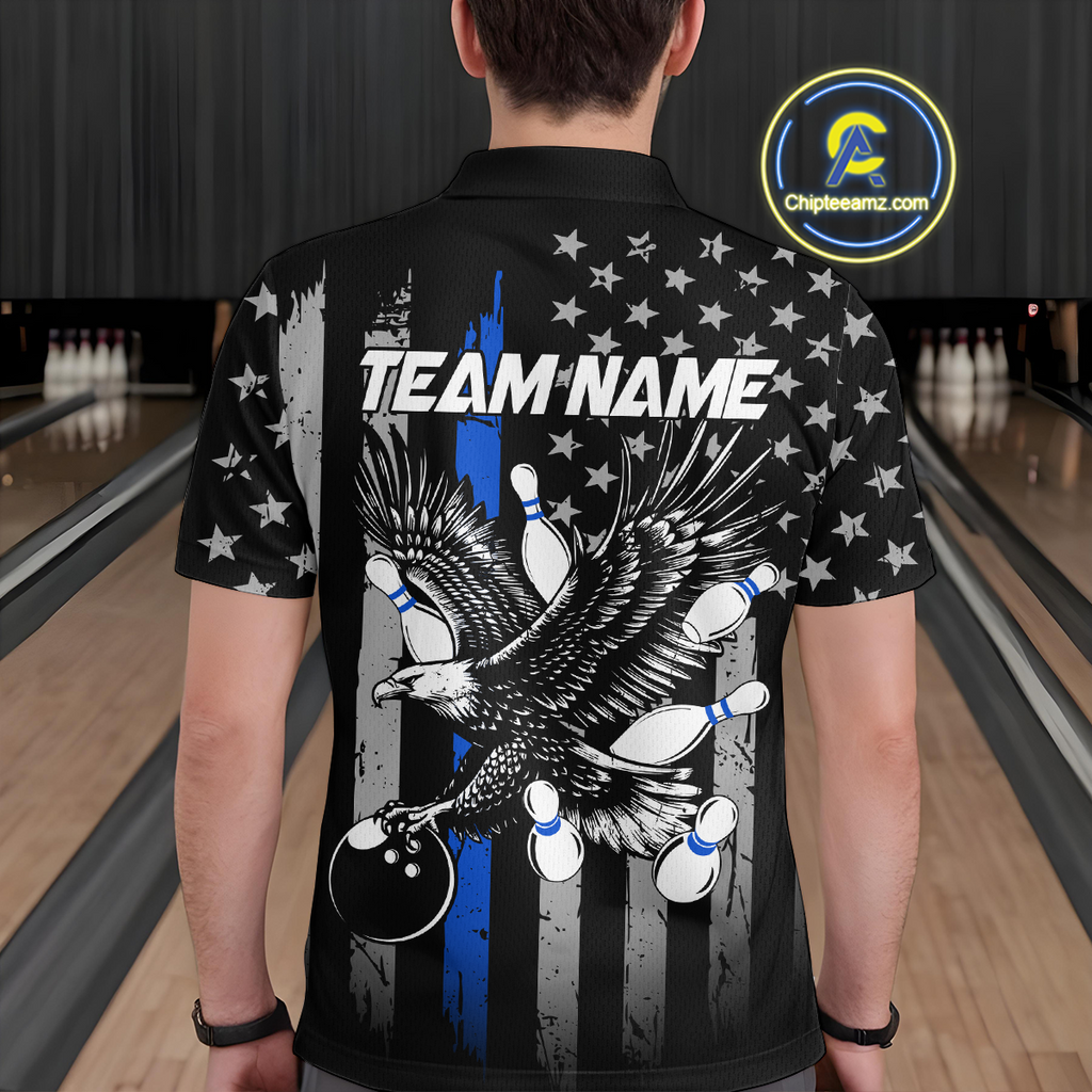 Custom Blue US Flag Eagle Bowling Jersey Bowling Team Shirts Polo & 1/4 Zip