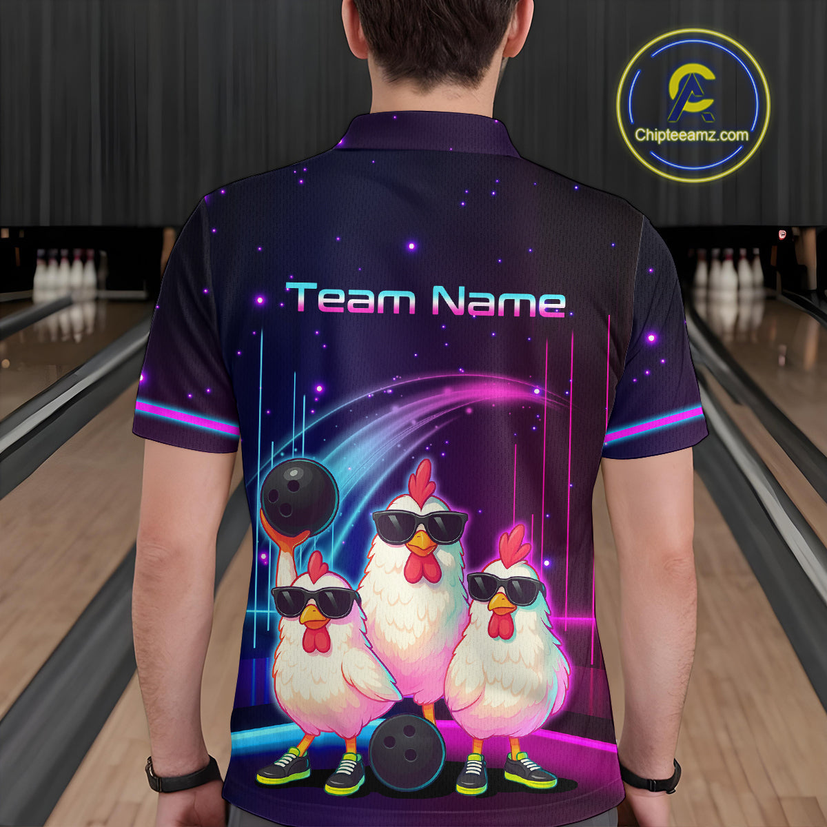 Neon Funny Family of Three Chicken Bowling Team Shirt Bowling League Jersey