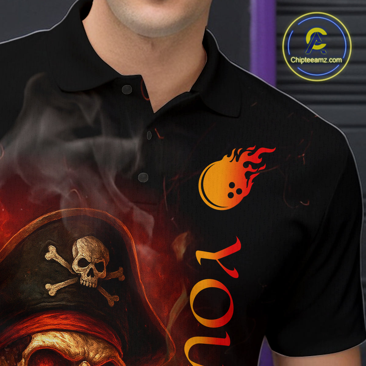 Orange Flame Pirate Skull Bowling Team Shirt Bowling League Jersey Polo Bowling Outfit