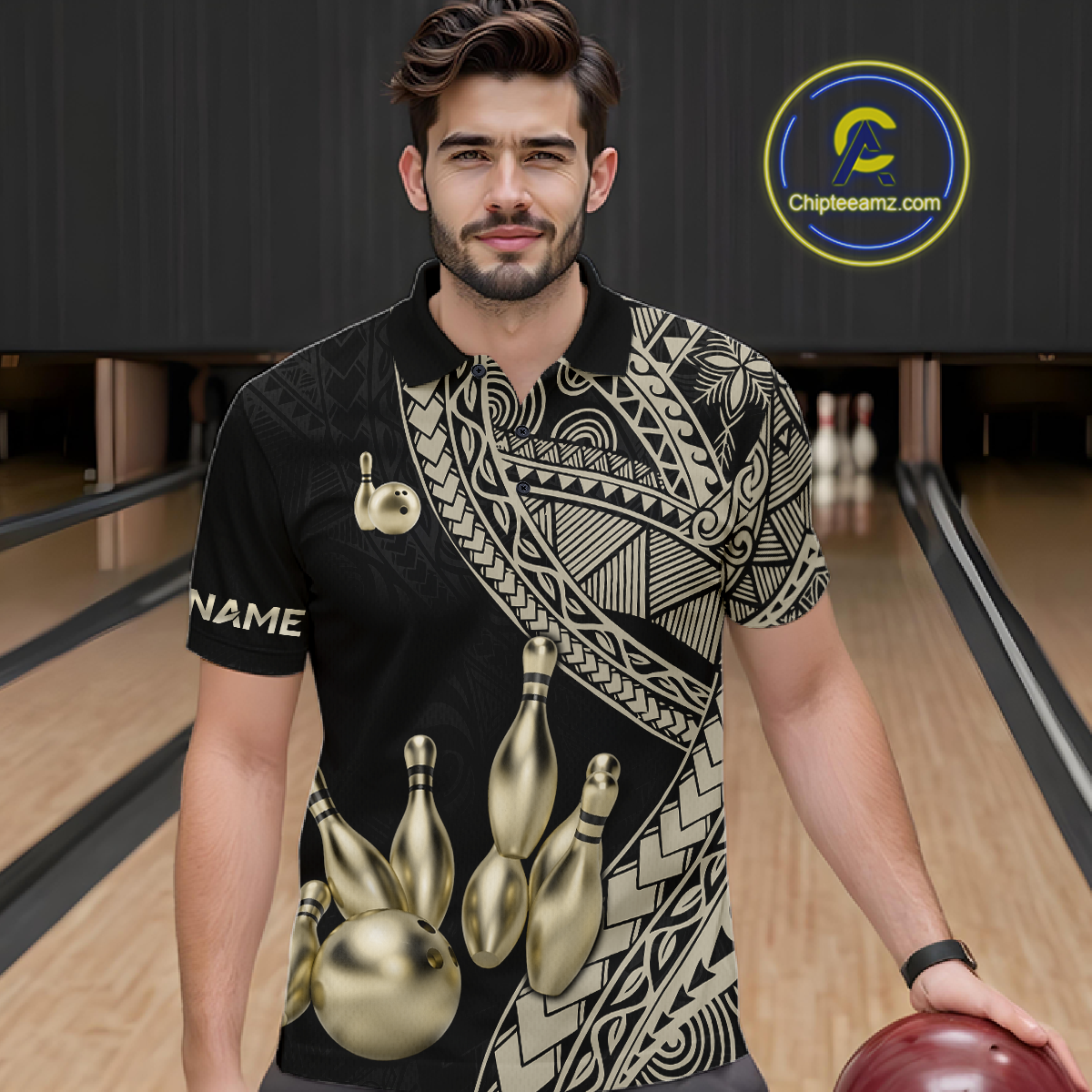 Black and Gold Tribal Pattern Bowling Jersey Bowling Uniform Bowling Team Shirts