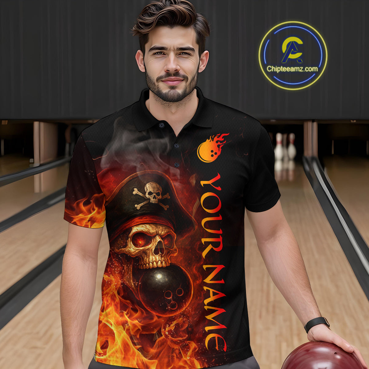Orange Flame Pirate Skull Bowling Team Shirt Bowling League Jersey Polo Bowling Outfit