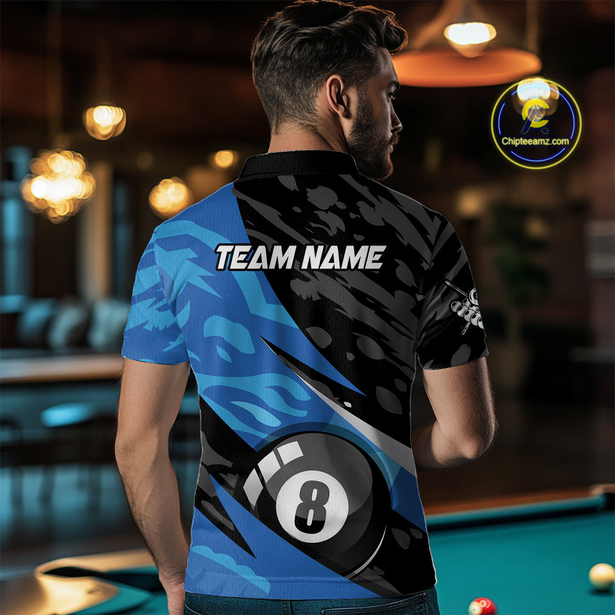 Blue Camo 8 Ball Billiard Shirts Billiard Team Shirts Billiard Uniform Polo & 1/4 Zip
