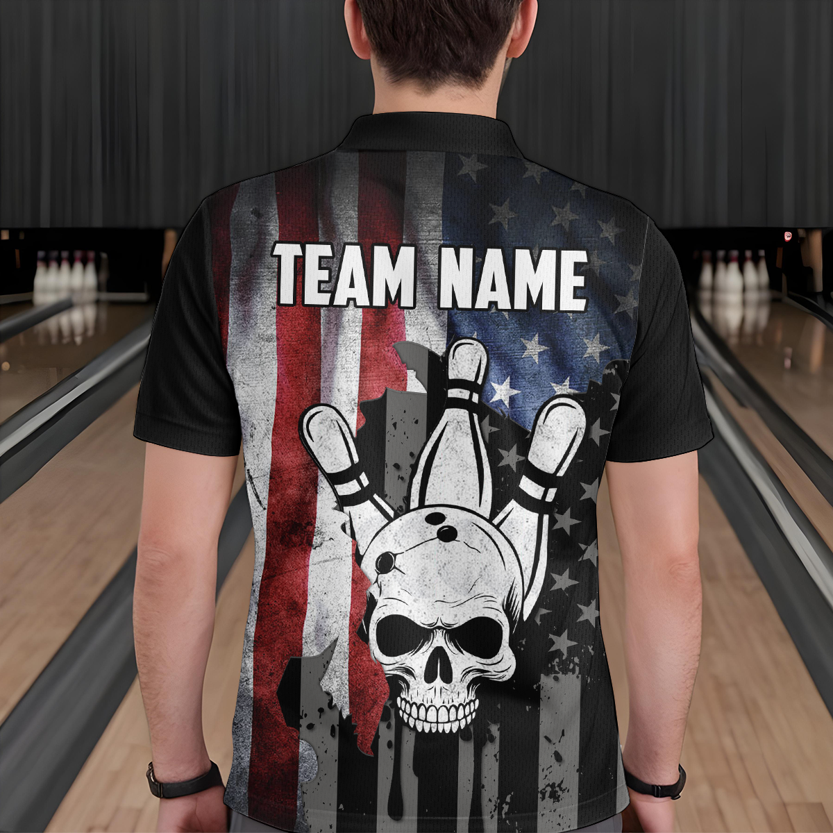 Personalized Skull Bowling Shirt, Custom Team's Name American Flag Cool Bowler Jersey