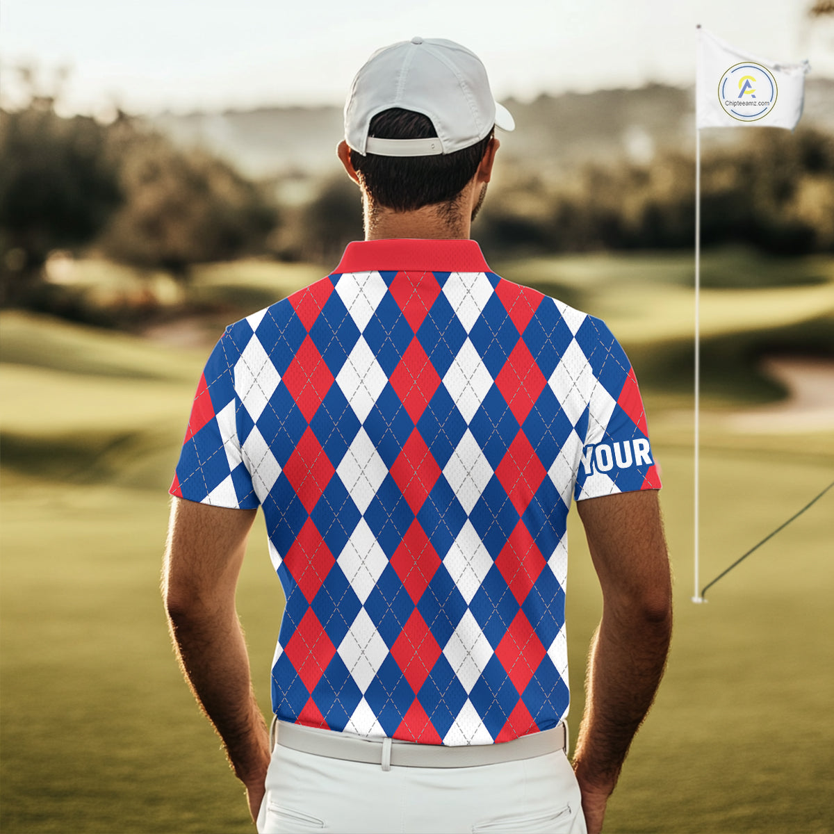 golf polo shirt custom red, white and blue argyle plaid pattern golf attire
