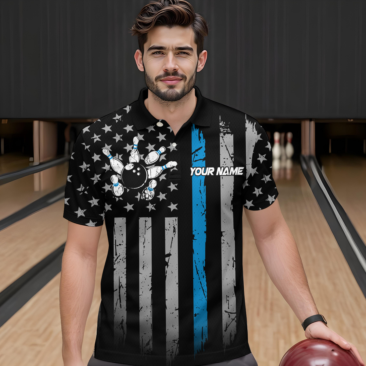 US Blue Flag Bowling Shirt Custom Name Polo & Quarter-Zip Bowling Jersey Bowling Team Shirt