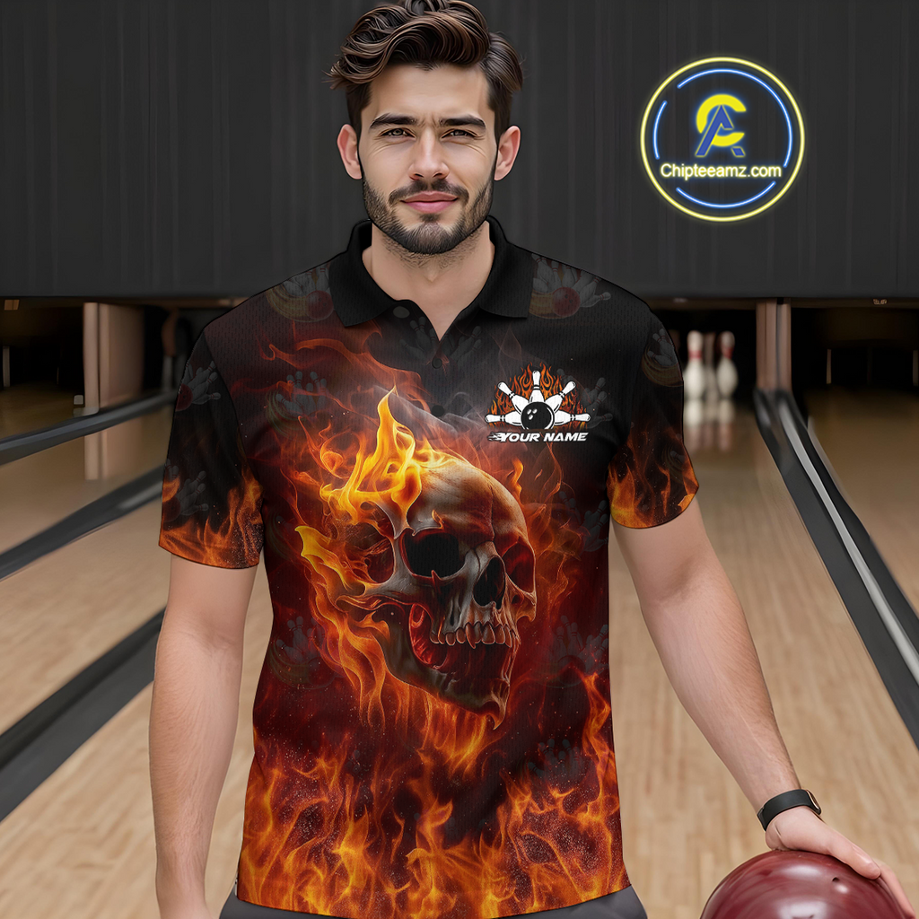 Custom Flame Skull Bowling Jersey Bowling Uniform Polo & 1/4 Zip Bowling Team Shirts
