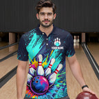 Custom Teal Bowling Shirt Bowling Water Color Bowling Polo & 1/4 Zip Shirts