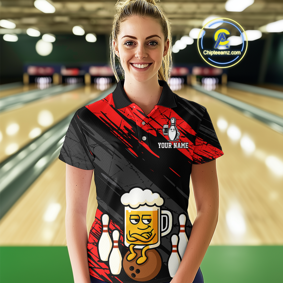 Custom Red Funny Beer Bowling Jersey Bowling Uniform Polo & 1/4 Zip Bowling Team Shirts