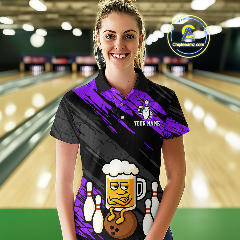 Custom Purple Funny Beer Bowling Jersey Bowling Uniform Polo & 1/4 Zip Bowling Team Shirts