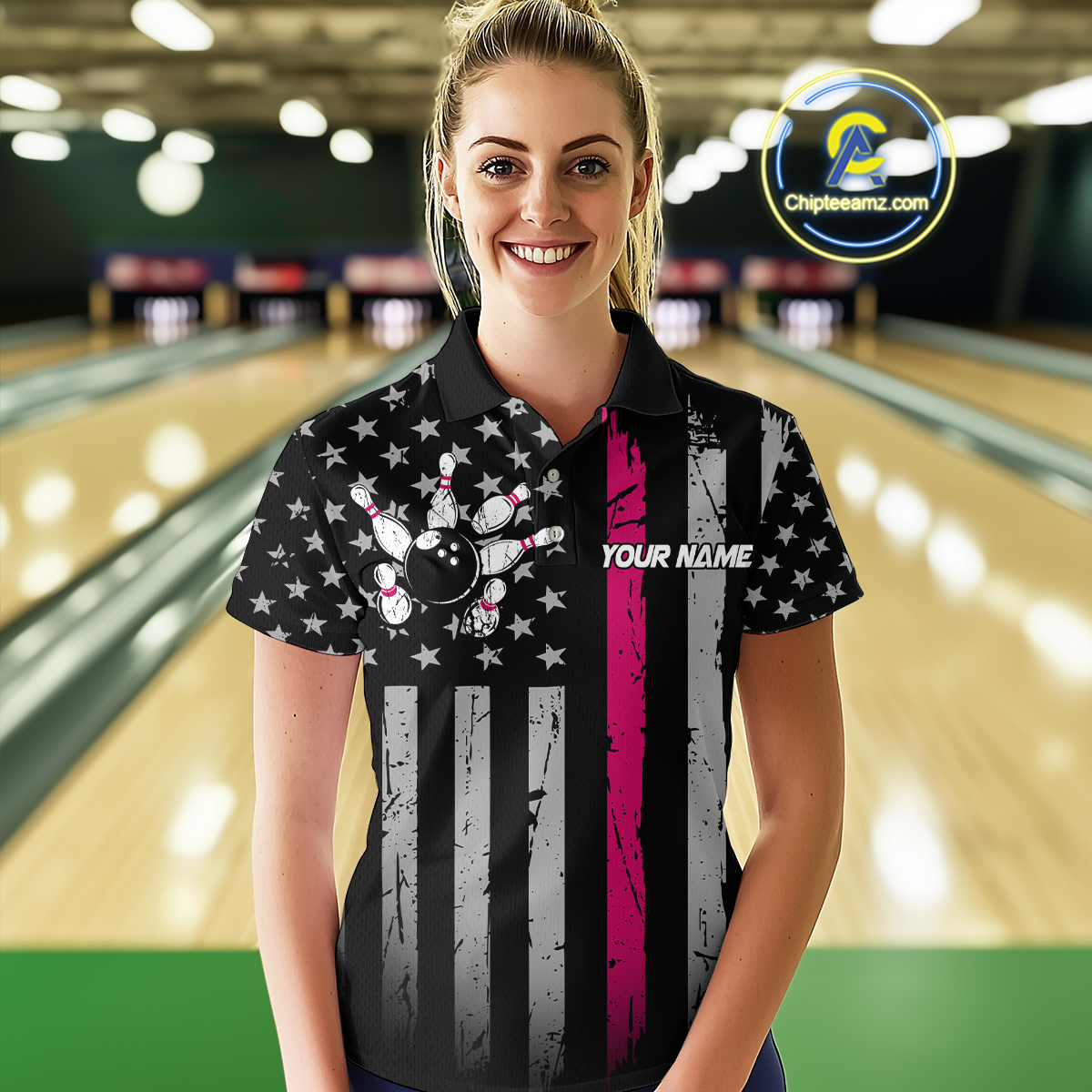 Custom Pink US Flag Eagle Bowling Jersey Bowling Uniform Polo & 1/4 Zip Bowling Team Shirts