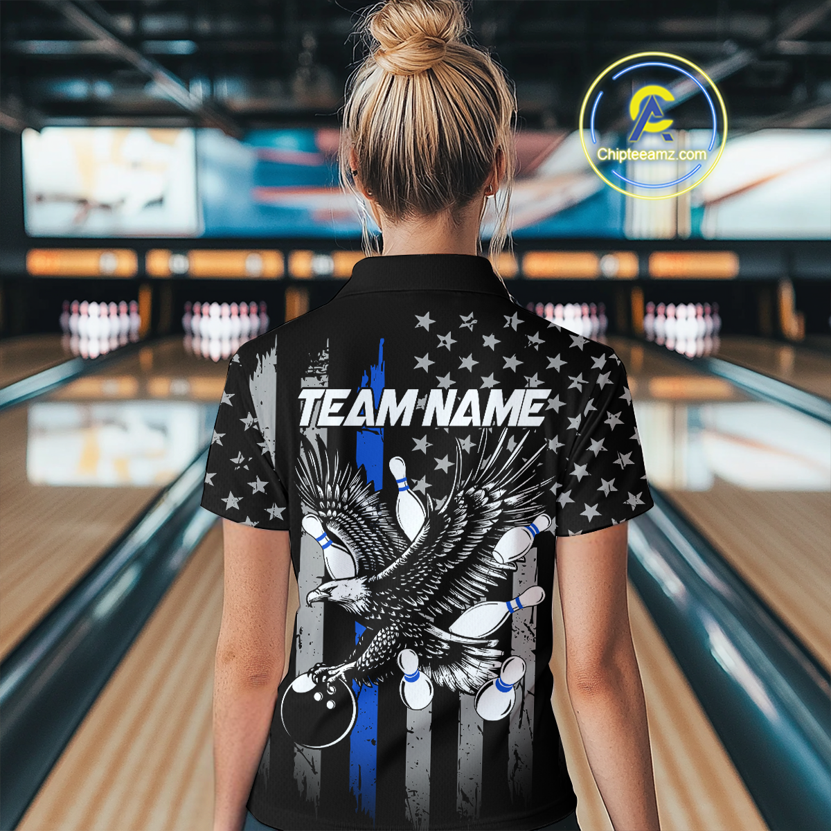 Custom Blue US Flag Eagle Bowling Jersey Bowling Uniform Polo & 1/4 Zip Bowling Team Shirts