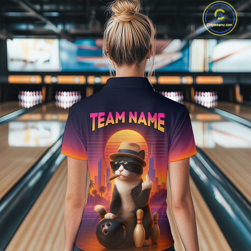 Funny Cat Retro Sunset Custom Bowling Jersey Bowling Team Shirts Polo & 1/4 Zip