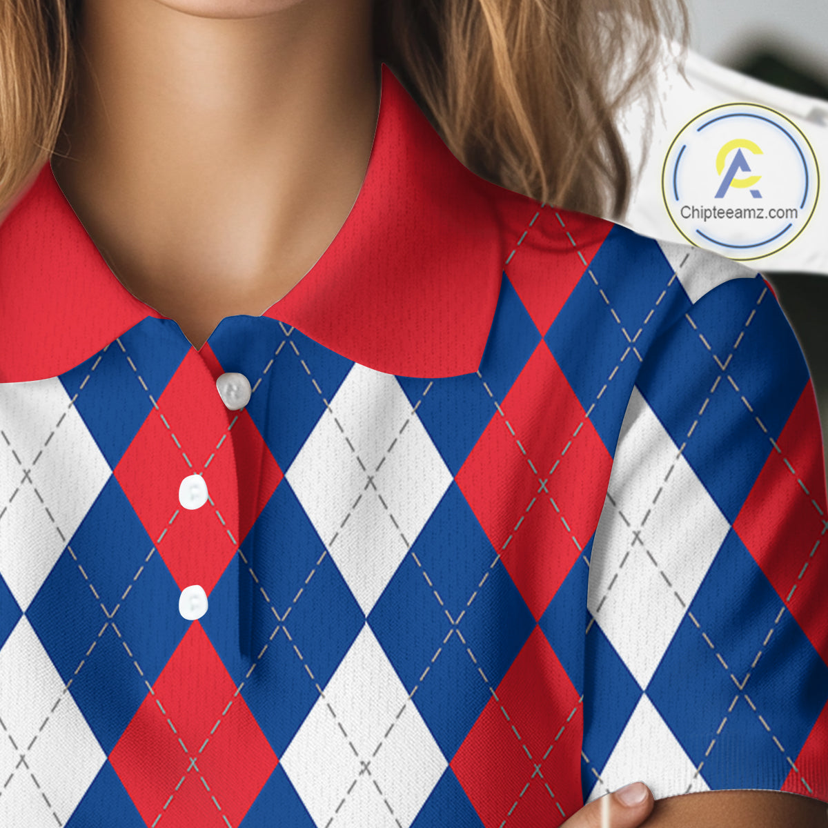 golf polo shirt custom red, white and blue argyle plaid pattern golf attire