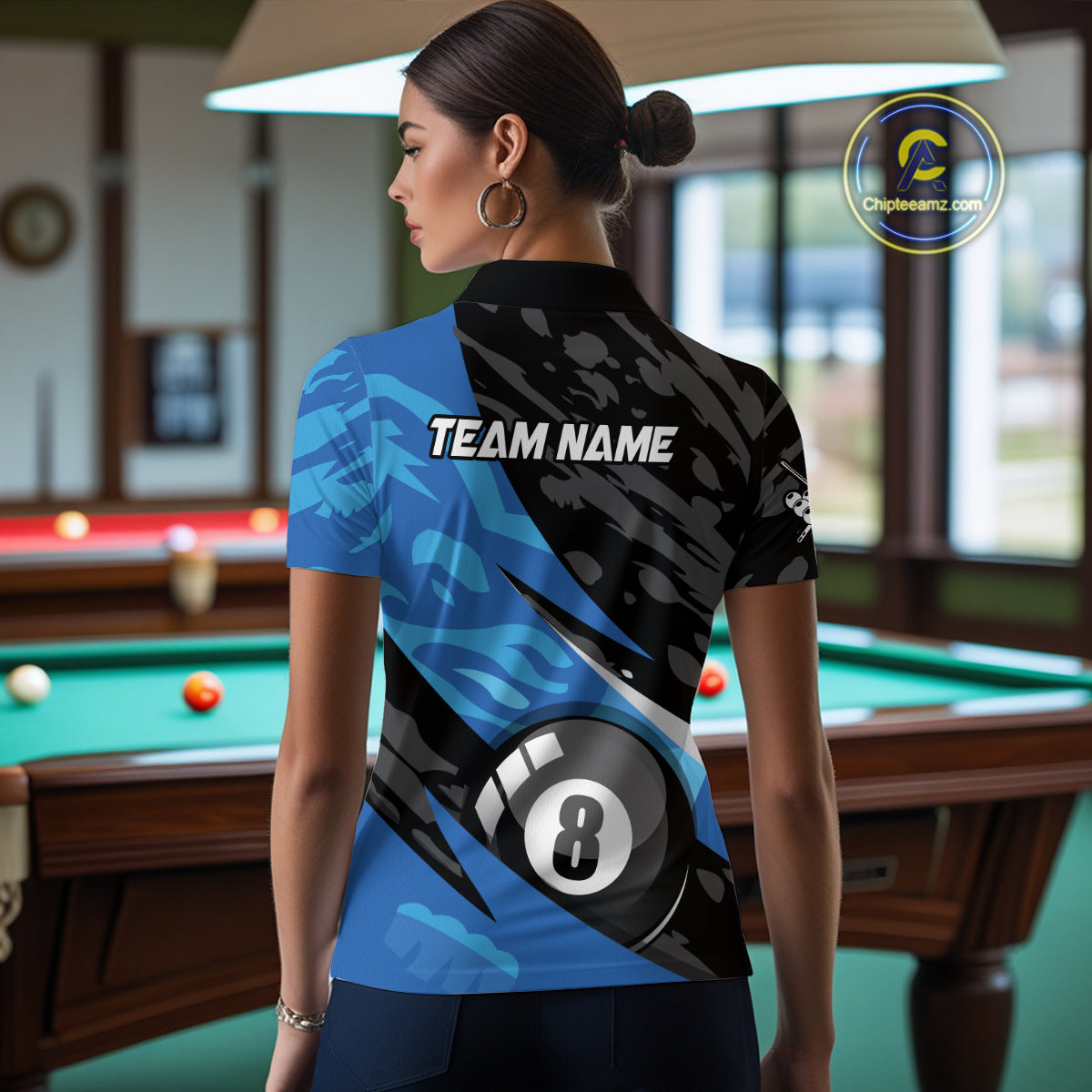 Blue Camo 8 Ball Billiard Shirts Billiard Team Shirts Billiard Uniform Polo & 1/4 Zip