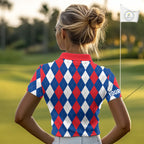 golf polo shirt custom red, white and blue argyle plaid pattern golf attire