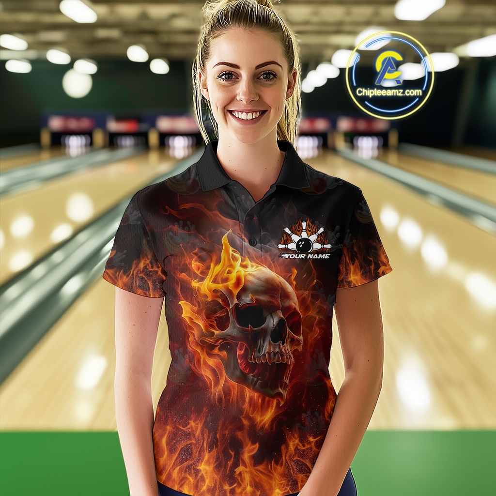 Custom Flame Skull Bowling Jersey Bowling Uniform Polo & 1/4 Zip Bowling Team Shirts