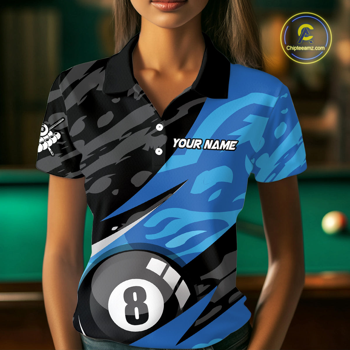 Blue Camo 8 Ball Billiard Shirts Billiard Team Shirts Billiard Uniform Polo & 1/4 Zip