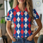 golf polo shirt custom red, white and blue argyle plaid pattern golf attire