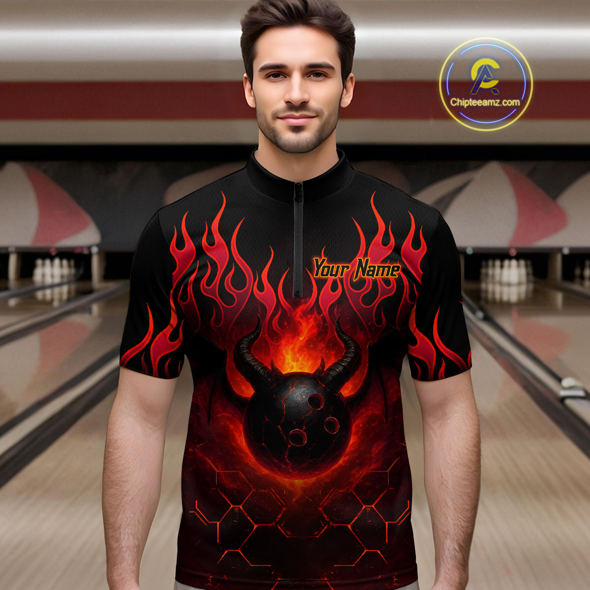 Red Flame Demon Bowling Ball Shirt Custom Bowling Team Jersey