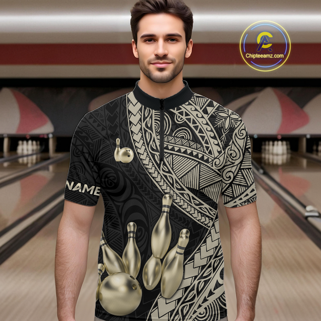 Black and Gold Tribal Pattern Bowling Jersey Bowling Uniform Bowling Team Shirts