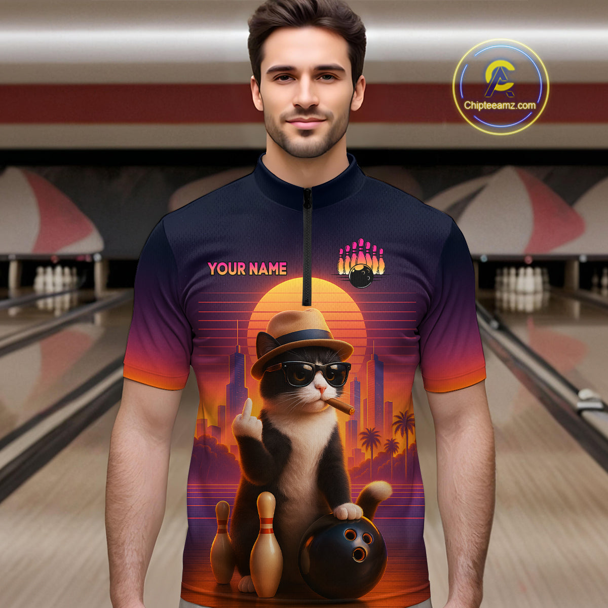 Funny Cat Retro Sunset Custom Bowling Jersey Bowling Team Shirts Polo & 1/4 Zip