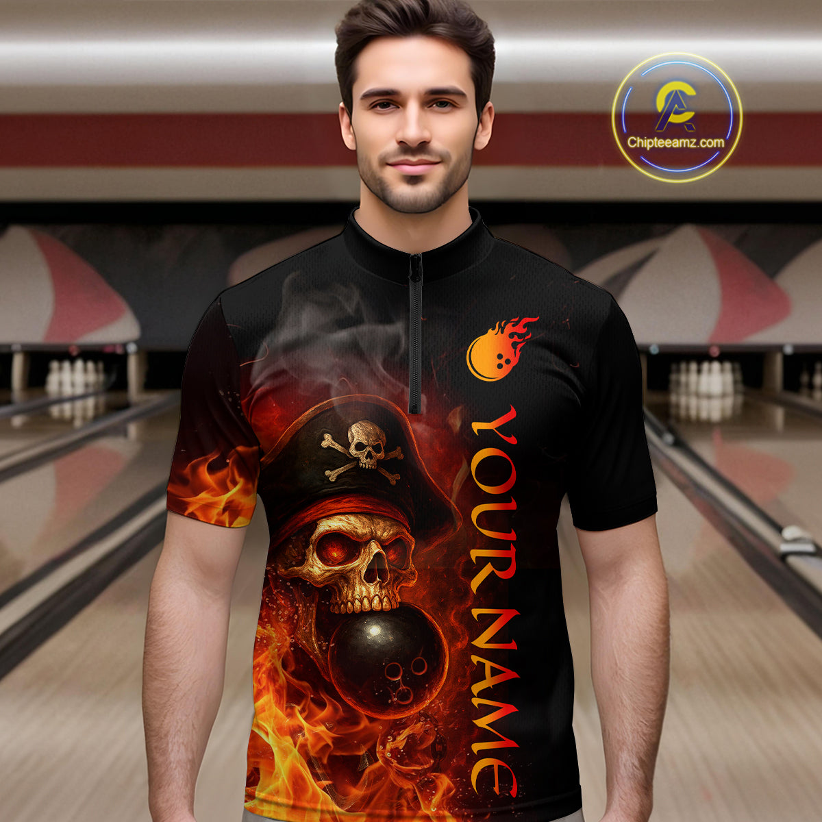 Orange Flame Pirate Skull Bowling Team Shirt Bowling League Jersey Polo Bowling Outfit