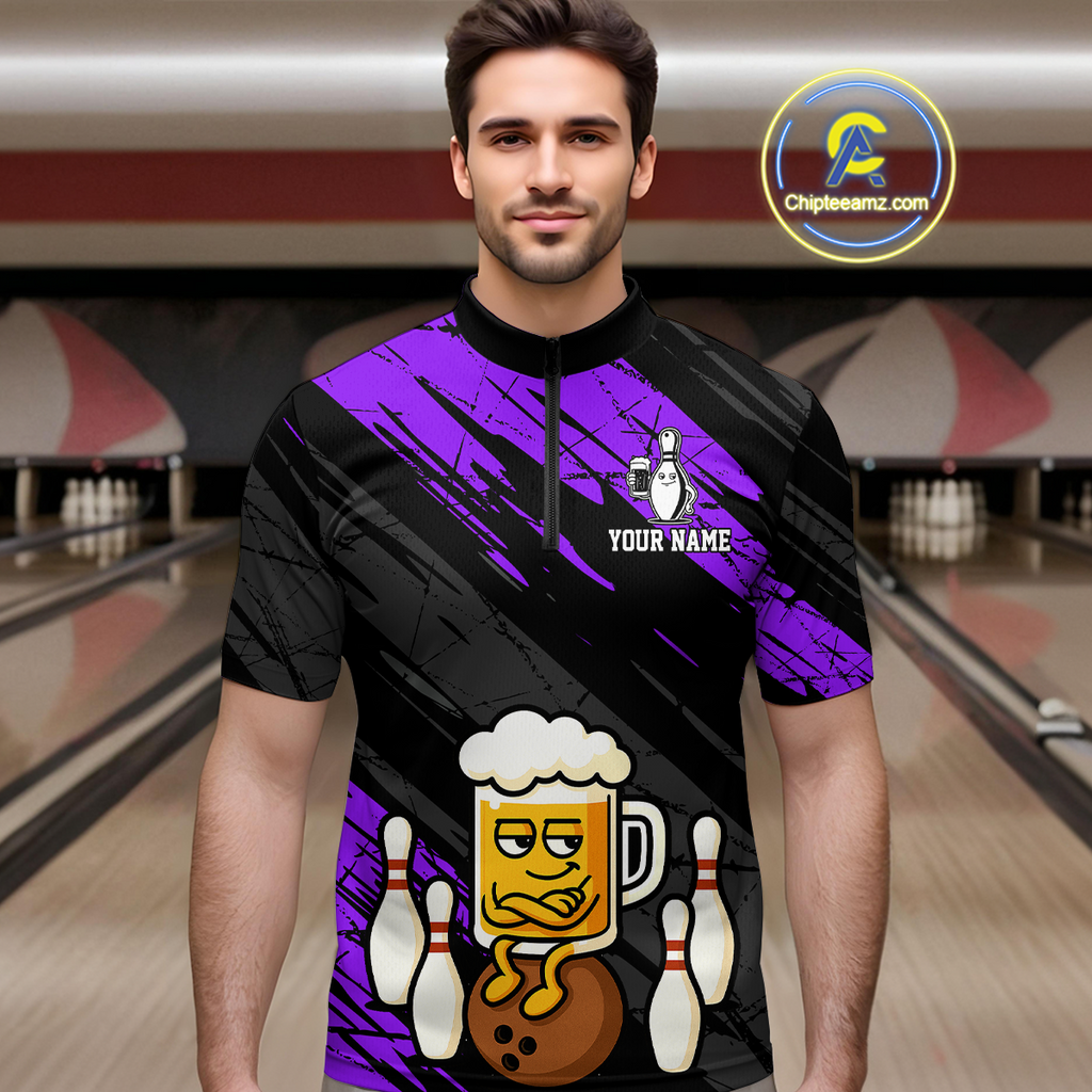 Custom Purple Funny Beer Bowling Jersey Bowling Uniform Polo & 1/4 Zip Bowling Team Shirts