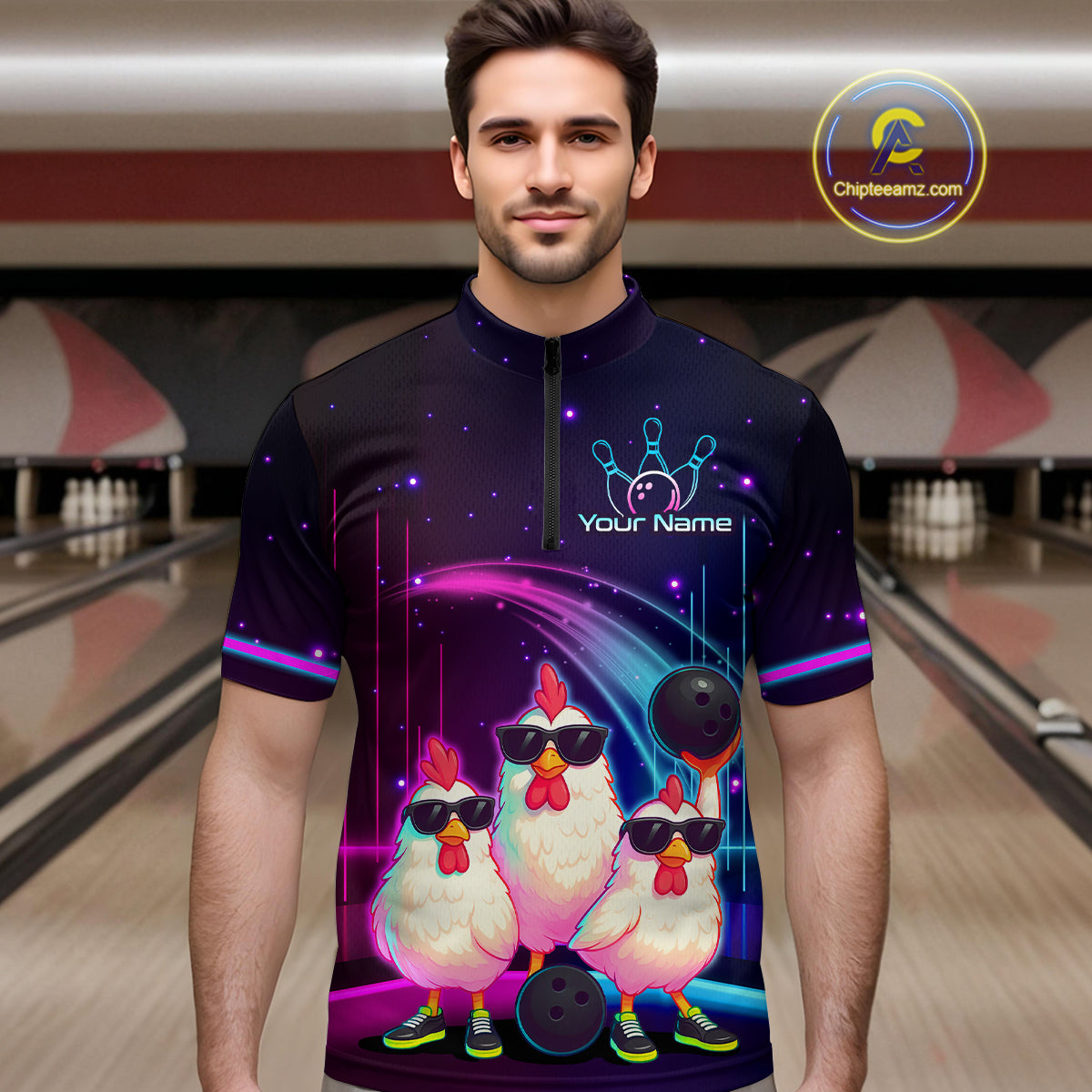 Neon Funny Family of Three Chicken Bowling Team Shirt Bowling League Jersey