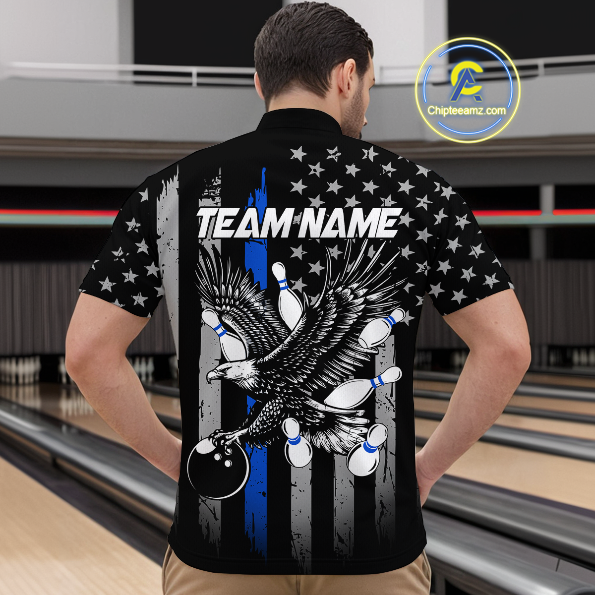 Custom Blue US Flag Eagle Bowling Jersey Bowling Team Shirts Polo & 1/4 Zip
