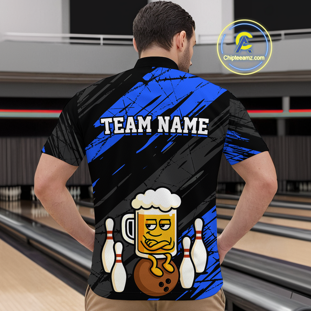 Custom Blue Funny Beer Bowling Jersey Bowling Uniform Polo & 1/4 Zip Bowling Team Shirts