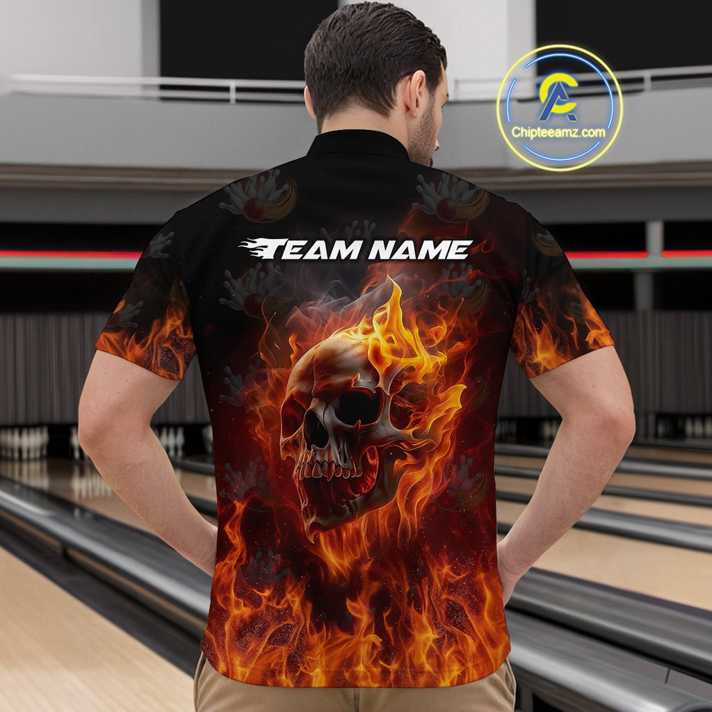 Custom Flame Skull Bowling Jersey Bowling Uniform Polo & 1/4 Zip Bowling Team Shirts