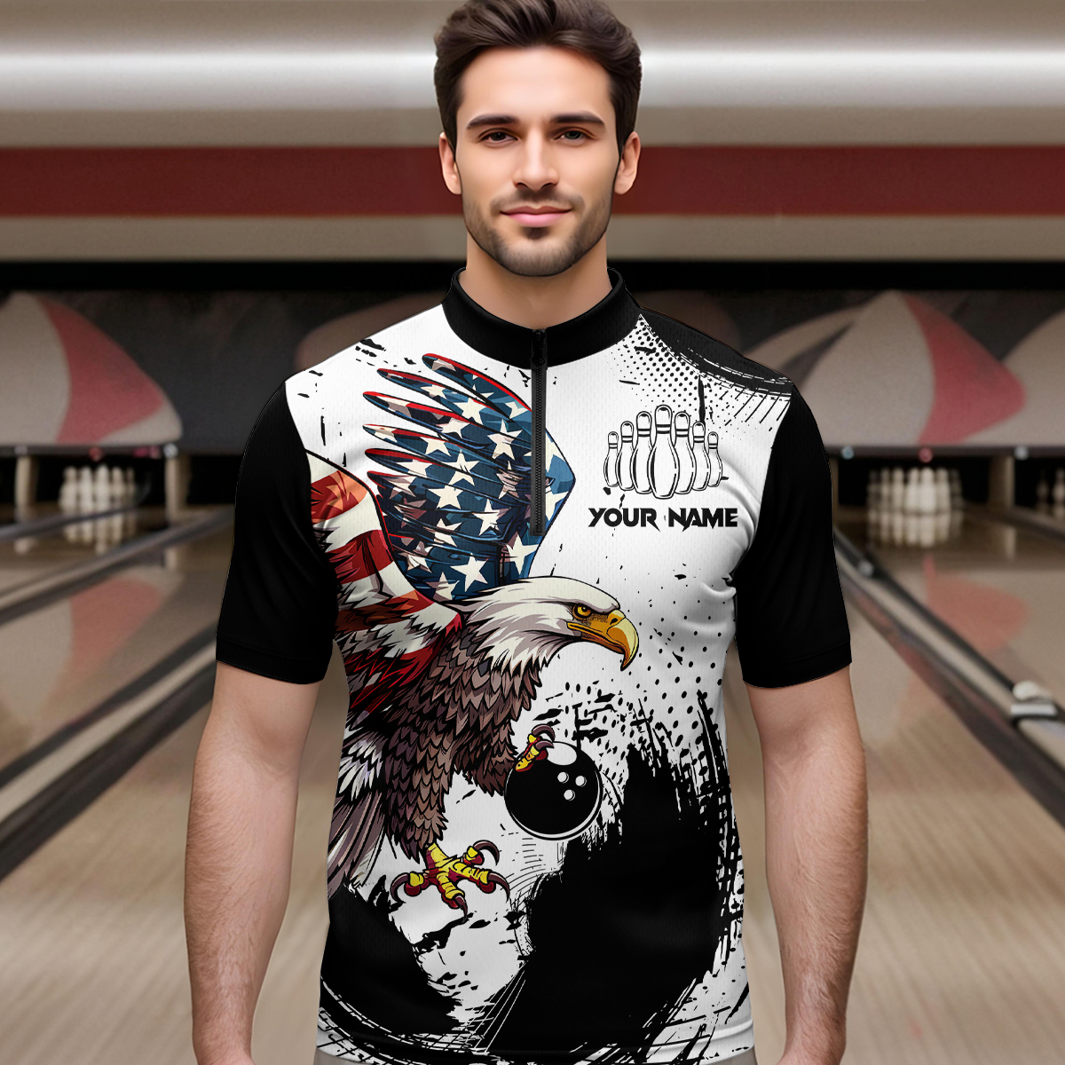 Personalized Eagle Bowling Shirts Patriotic Bowling Jersey 1/4 Zip Shirt