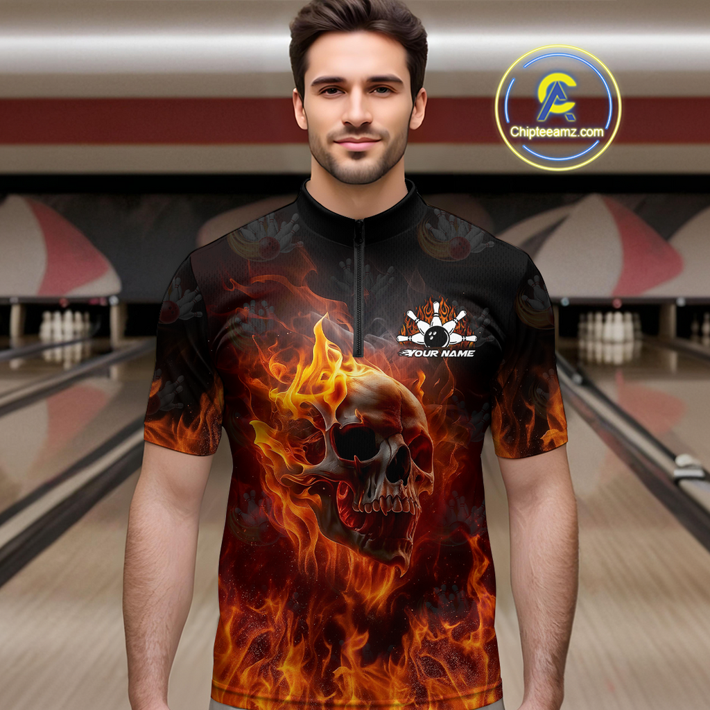 Custom Flame Skull Bowling Jersey Bowling Uniform Polo & 1/4 Zip Bowling Team Shirts
