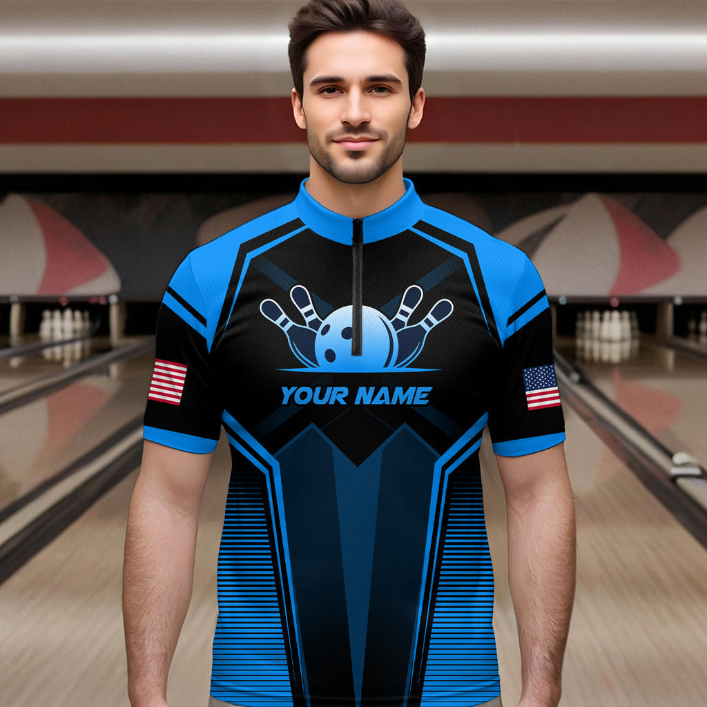 Custom Blue Bowling Jersey Bowling Team Shirts Bowling Uniform Polo & 1/4 Zip