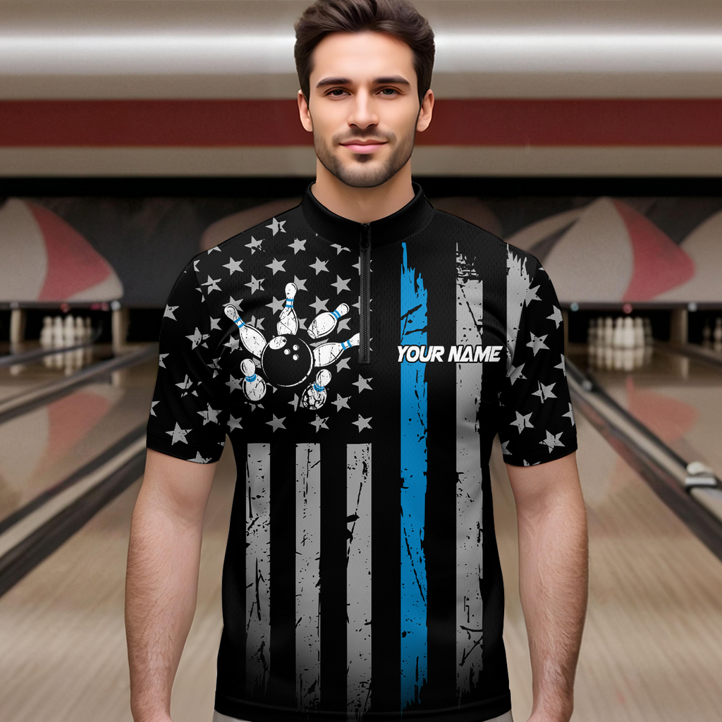 US Blue Flag Bowling Shirt Custom Name Polo & Quarter-Zip Bowling Jersey Bowling Team Shirt