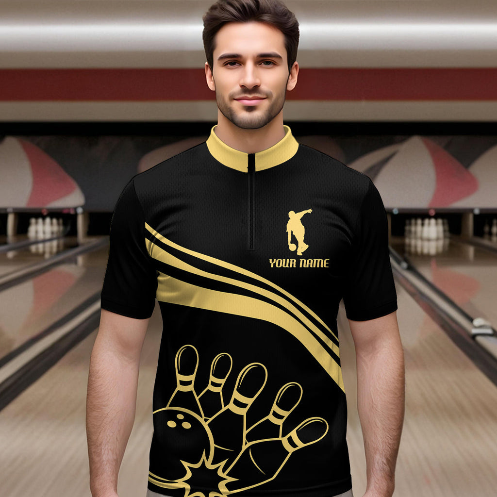 Black&Gold Bowling Quarter-Zip Shirt Custom Bowling Jersey Vintage Bowling Team League Shirt