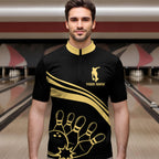 Black&Gold Bowling Quarter-Zip Shirt Custom Bowling Jersey Vintage Bowling Team League Shirt