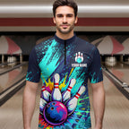Custom Teal Bowling Shirt Bowling Water Color Bowling Polo & 1/4 Zip Shirts