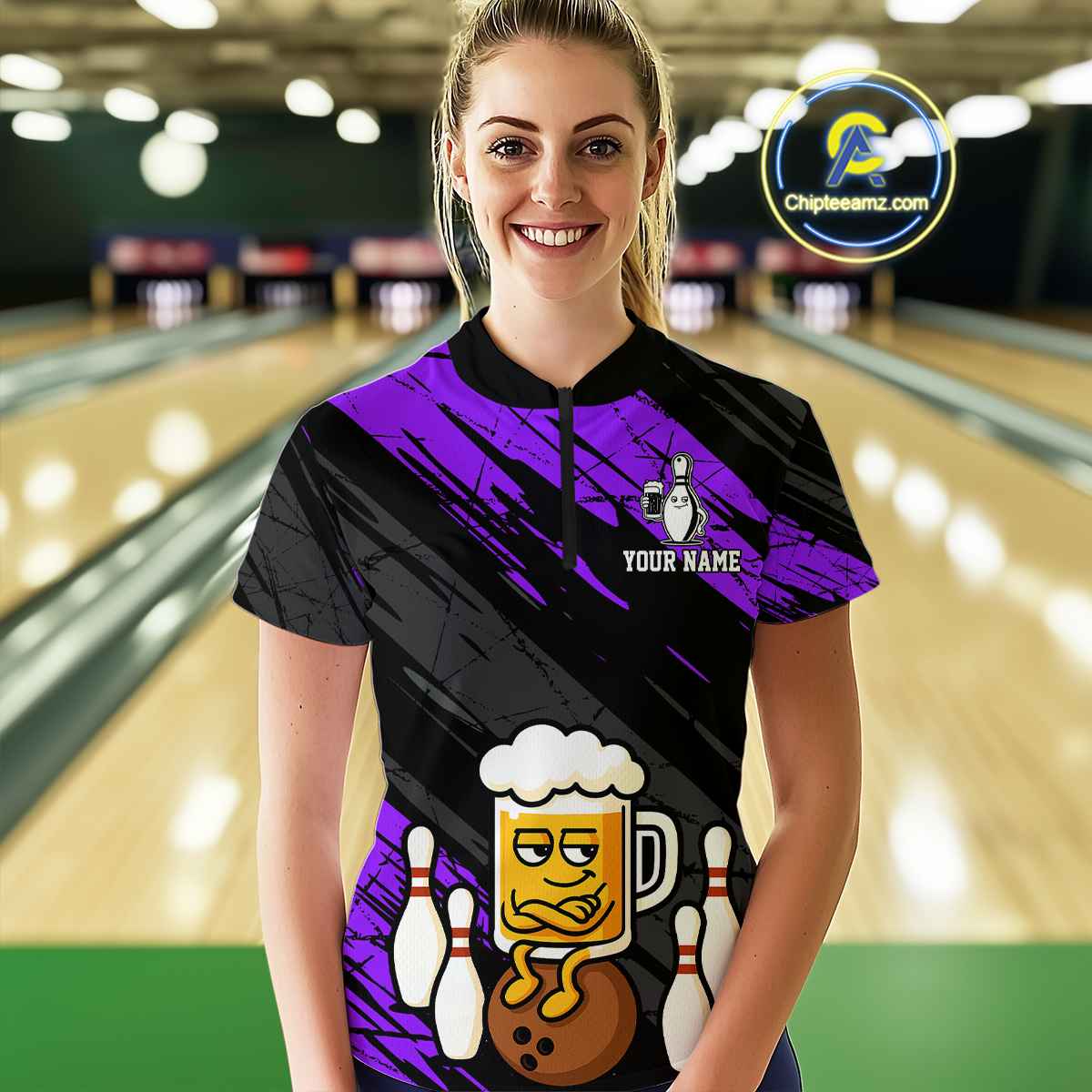 Custom Purple Funny Beer Bowling Jersey Bowling Uniform Polo & 1/4 Zip Bowling Team Shirts