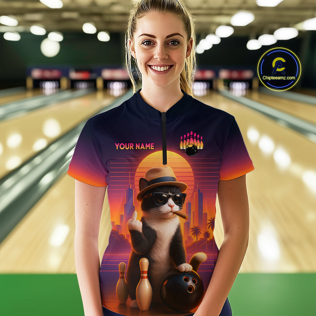 Funny Cat Retro Sunset Custom Bowling Jersey Bowling Team Shirts Polo & 1/4 Zip